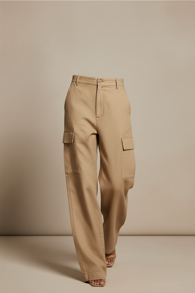 Pantalon Baggy Cargo Ample Lin Beige Poches - vue 3