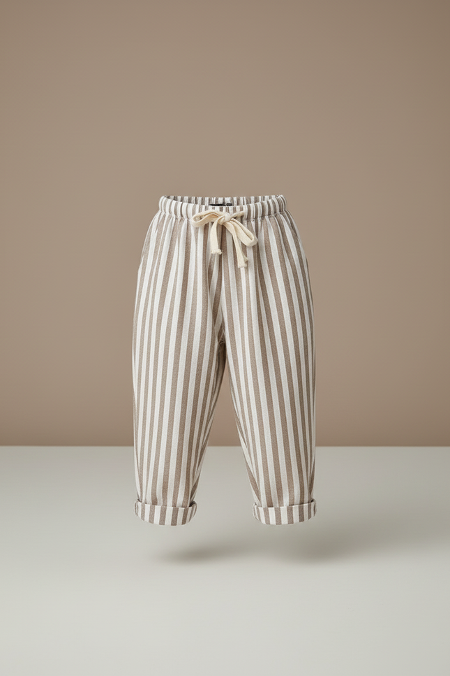 Pantalon Baggy Rayé Lin Coton Ample Enfant Décontracté - Beige - vue 3