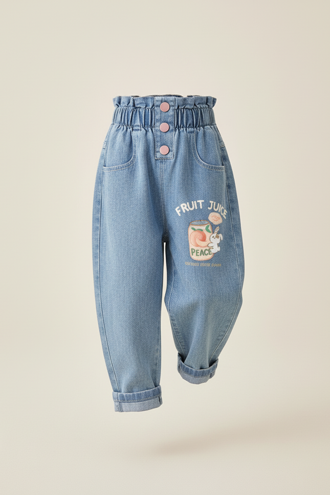 Pantalon Baggy Jean Bleu Brodé Taille Haute Fille - vue 3