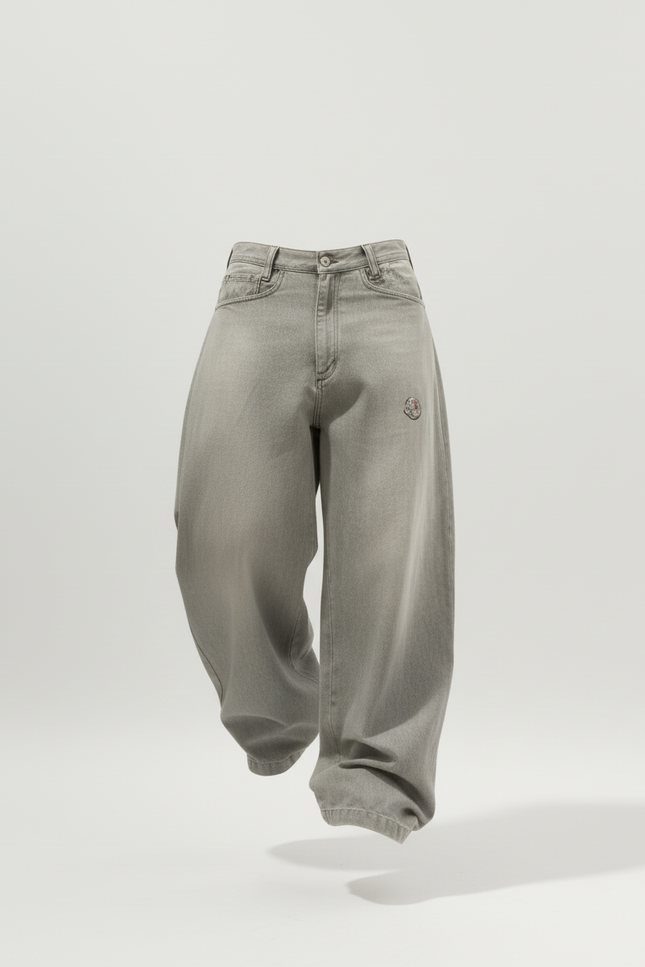 Pantalon Baggy Gris Ample Délavé Brodé Homme - Jean - vue 3
