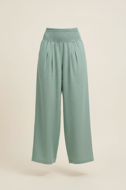 Pantalon Baggy Vert Menthe Ample Smocké Fluide - Lin - vue 3