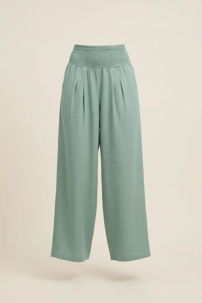 Pantalon Baggy Vert Menthe Ample Smocké Fluide - Lin - vue 3