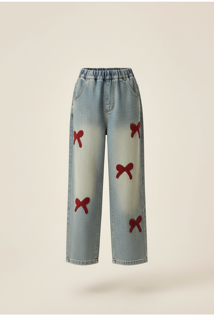 Pantalon Baggy Jean Délavé Ample Brodé Nœuds Enfant - Bleu - vue 3