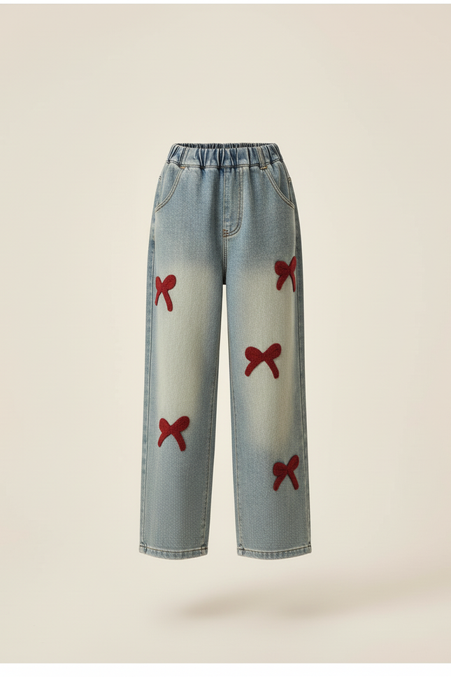 Pantalon Baggy Jean Délavé Ample Brodé Nœuds Enfant - Bleu - vue 3