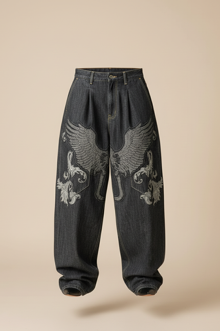 Pantalon Baggy Jean Gris Ample Ailes Brodées - vue 3