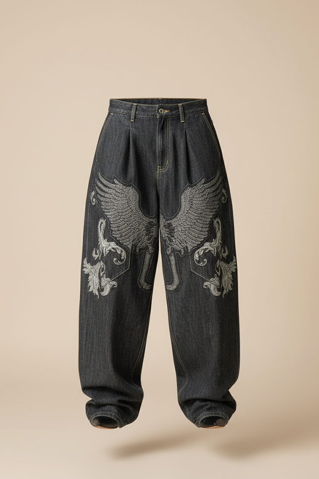 Pantalon Baggy Jean Gris Ample Ailes Brodées - vue 3