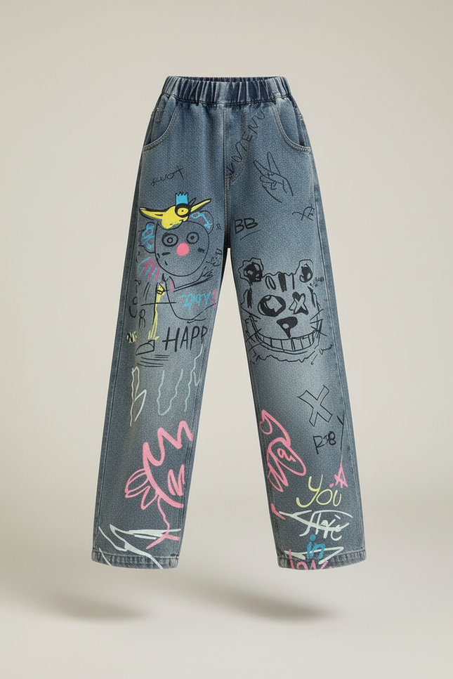 Pantalon Baggy Jean Graffiti Ample Décontracté Fille - Bleu - vue 3