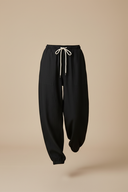 Pantalon Baggy Noir Lin Cordon Ample Décontracté Femmes - vue 3