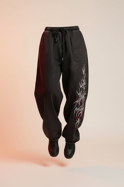 Pantalon Baggy Noir Ample Délavé Gothique Imprimé - Jean - vue 3