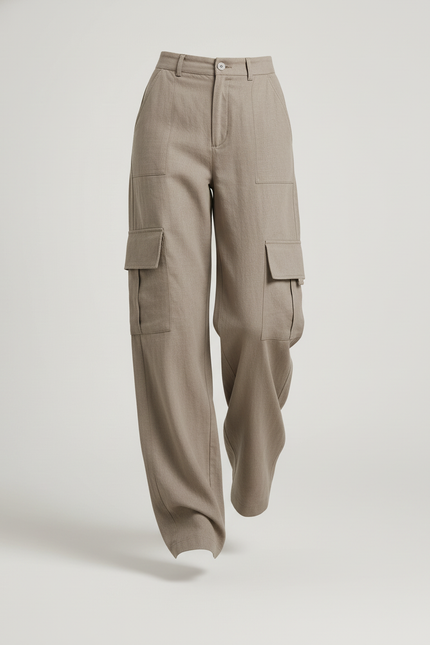Pantalon Baggy Beige Cargo Ample Lin Poches - vue 3