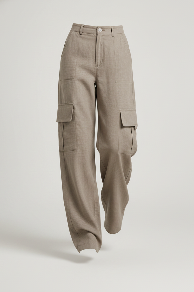Pantalon Baggy Beige Cargo Ample Lin Poches - vue 3