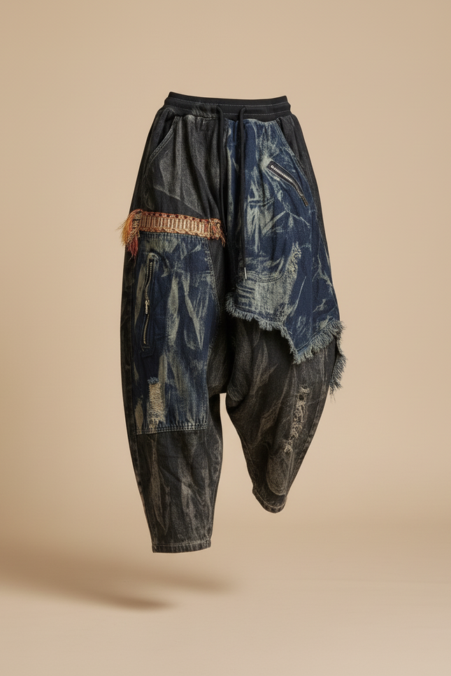 Pantalon Baggy Jean Délavé Ample Asymétrique Ethnique - Bleu - vue 3