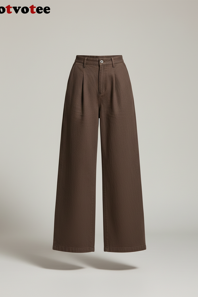 Pantalon Baggy Marron Taille Haute Ample Décontracté Femme - Toile - vue 3