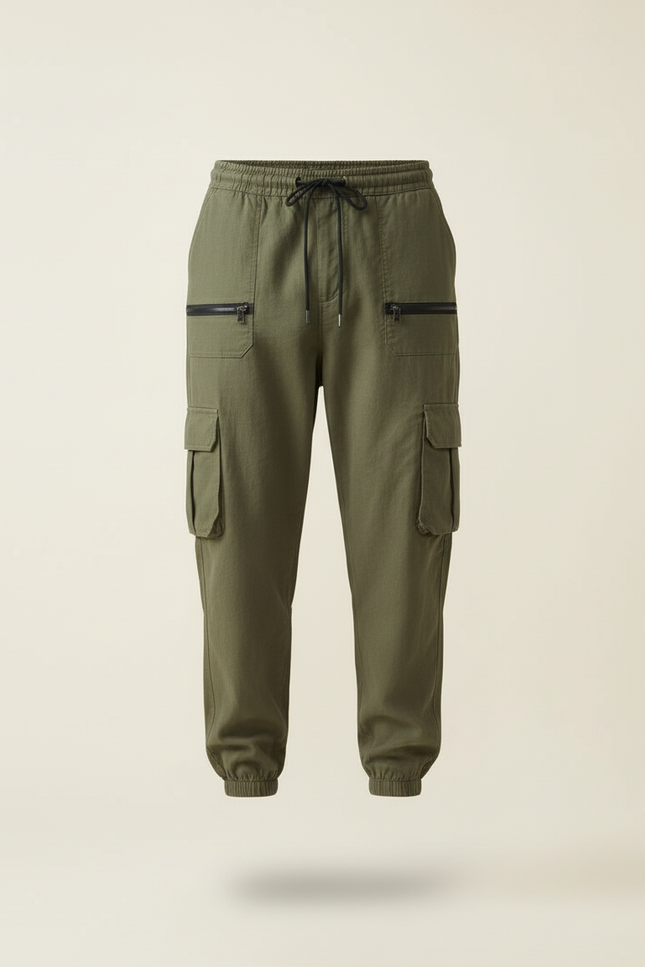 Pantalon Baggy Kaki Cargo Cordon Zippé Homme - Toile - vue 3
