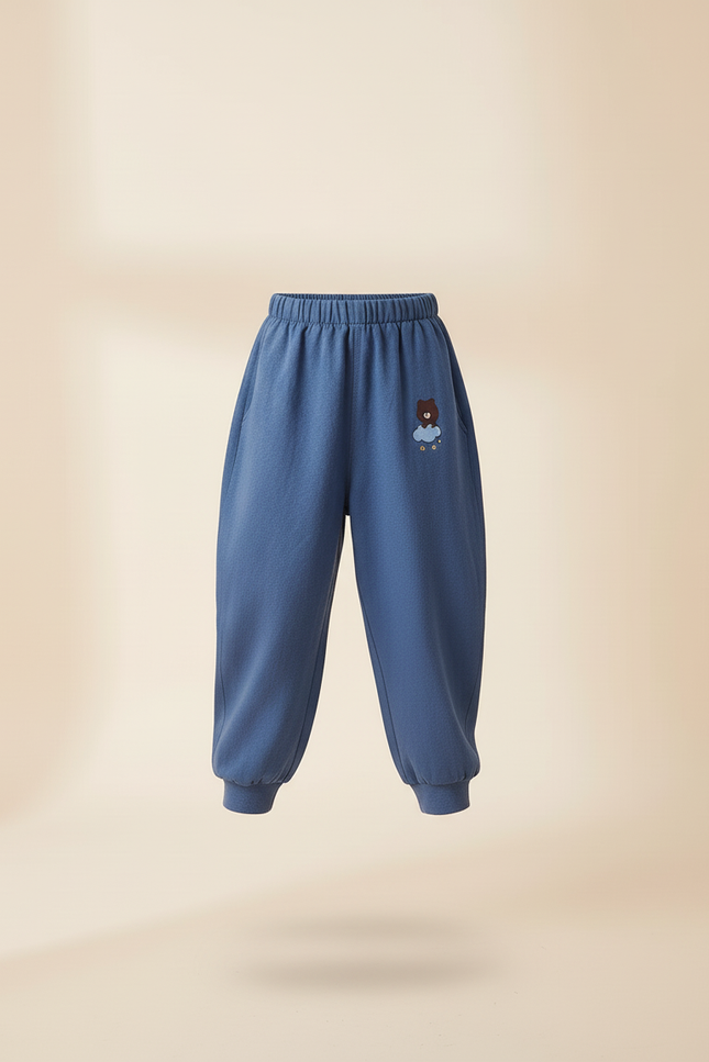 Pantalon Baggy Bleu Coton Ourson Brodé Décontracté Enfant - Molleton - vue 3