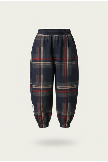Pantalon Baggy Plaid Épais Ample Marine Rouge Enfant - Tweed - vue 3