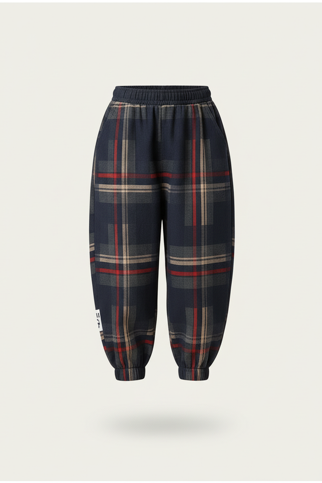 Pantalon Baggy Plaid Épais Ample Marine Rouge Enfant - Tweed - vue 3