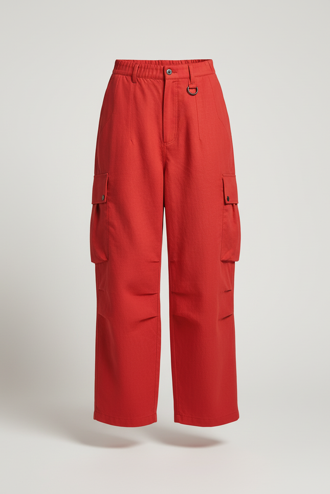 Pantalon Baggy Rouge Cargo Large Décontracté Femme - Lin - vue 3