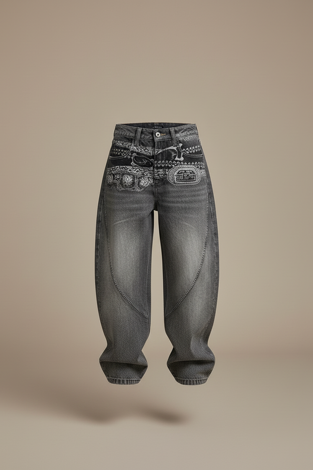 Pantalon Baggy Gris Jean Ample Imprimé Streetwear Enfant - vue 3