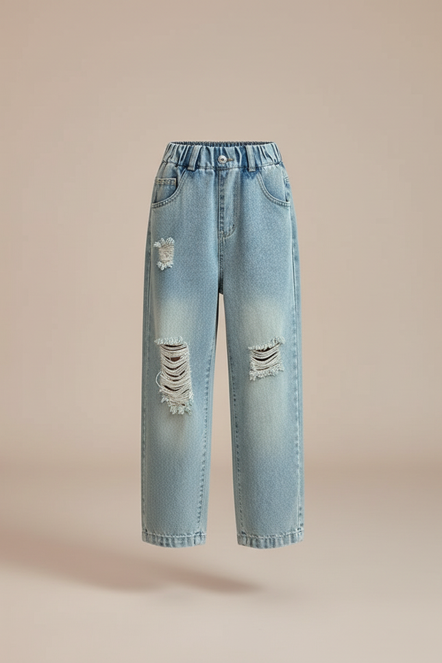 Pantalon Baggy Jean Bleu Clair Déchiré Ample Fille - vue 3