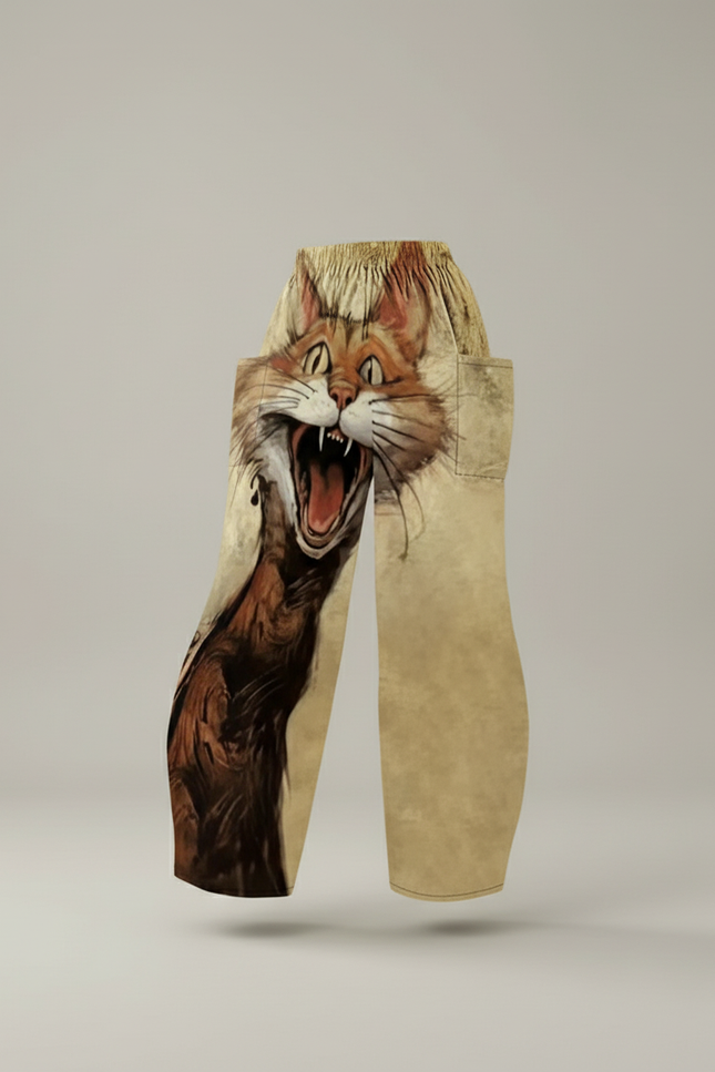 Pantalon Baggy Chat Hurlant Ample Fluide Femme - Imprimé Viscose - vue 3