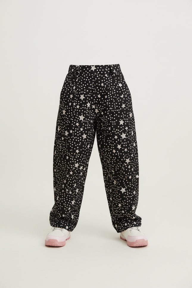 Pantalon Baggy Noir Étoiles Imprimé Ample Confortable Enfant - Molleton - vue 3