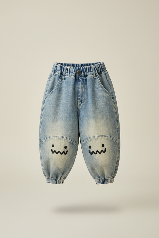 Pantalon Baggy Jean Dégradé Ample Imprimé Visage Garçon - Bleu - vue 3