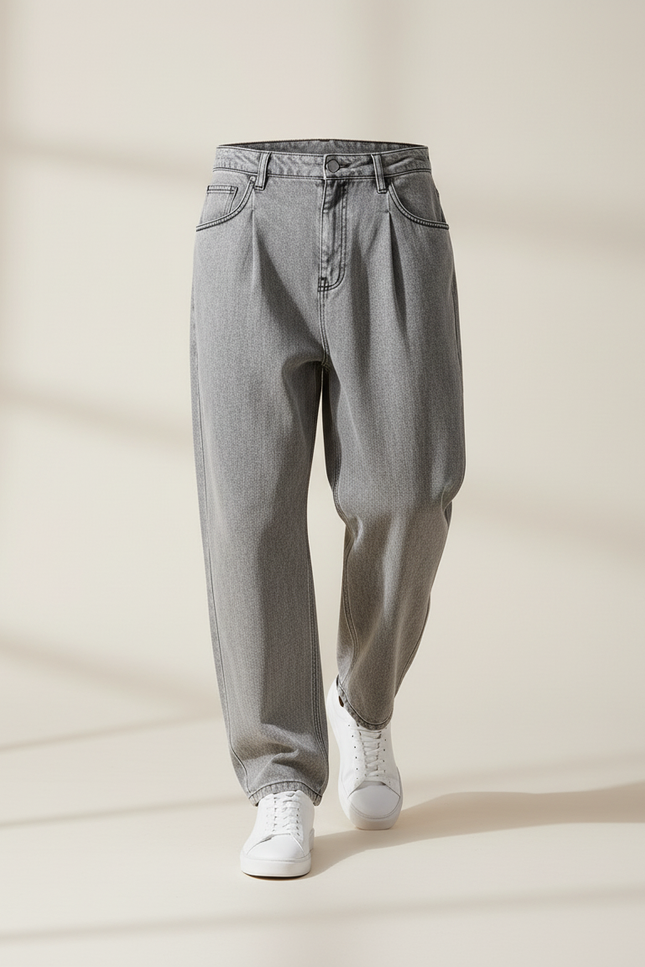Pantalon Baggy Gris Jean Plissé Ample Décontracté Homme - vue 3