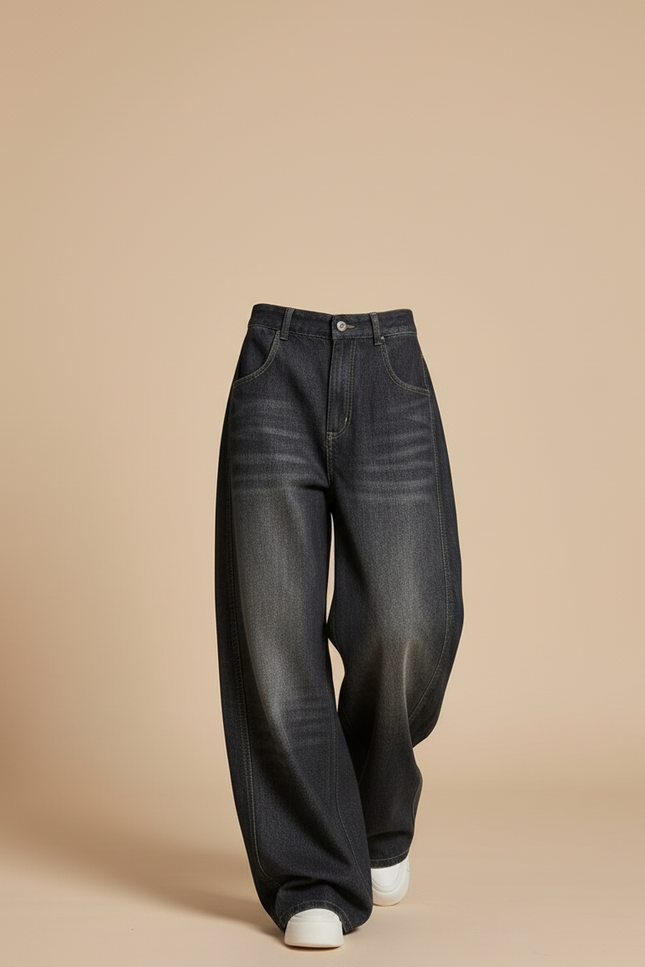 Pantalon Baggy Denim Noir Ample Taille Haute - Jean - vue 3