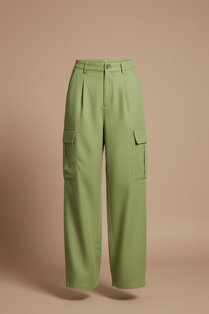 Pantalon Baggy Vert Ample Cargo Taille Haute - Lin - vue 3