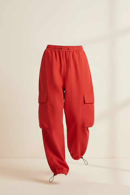Pantalon Baggy Rouge Cargo Ample Cordon Fluide - Lin - vue 3