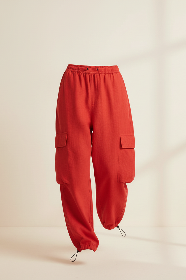 Pantalon Baggy Rouge Cargo Ample Cordon Fluide - Lin - vue 3