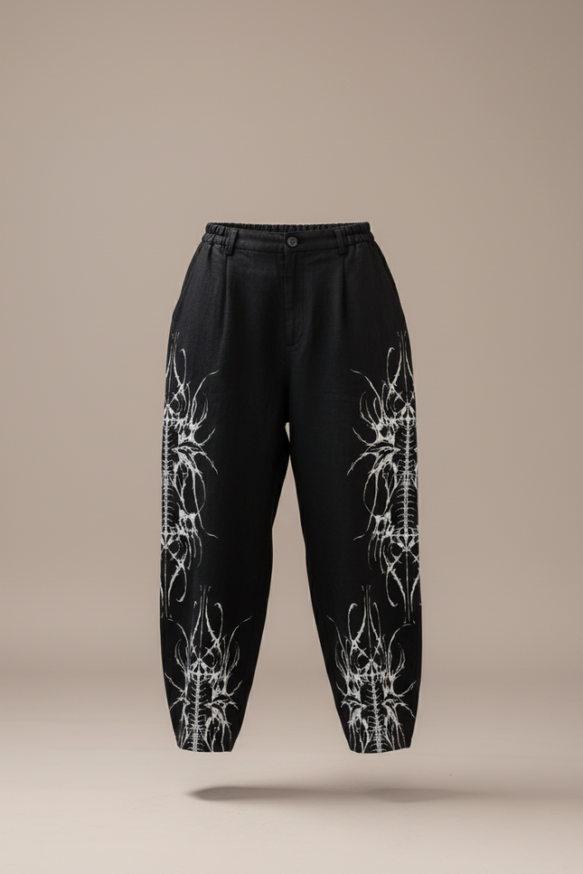 Pantalon Baggy Noir Lin Ample Imprimé Streetwear Femme - vue 3