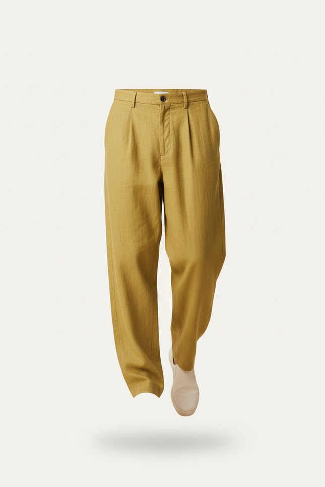 Pantalon Baggy Jaune Moutarde Ample Plissé Lin Homme - vue 3