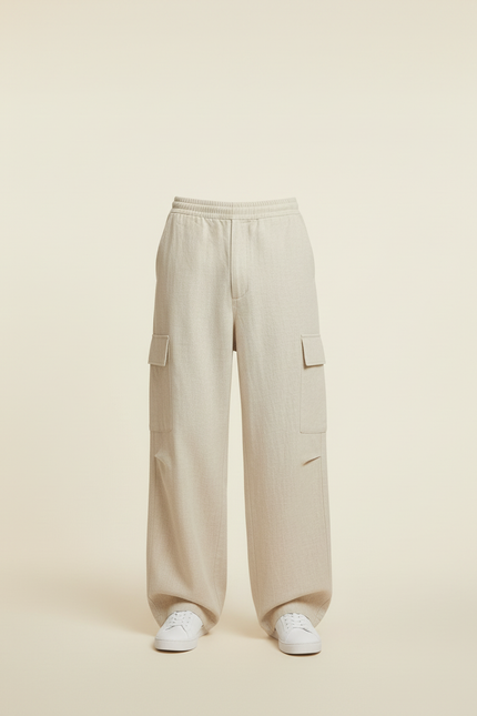 Pantalon Baggy Beige Lin Cargo Ample Décontracté Homme - vue 3