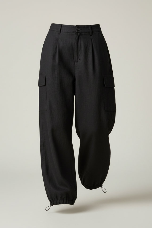 Pantalon Baggy Noir Ample Cargo Femme Cordon - Toile - vue 3