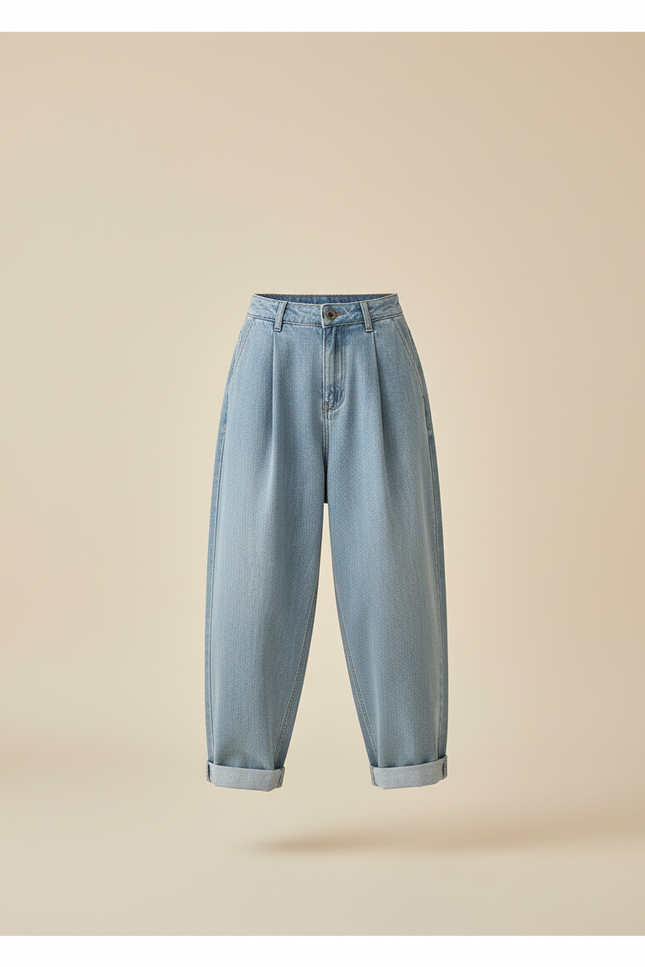 Pantalon Baggy Jean Bleu Clair Ample Plissé - vue 3