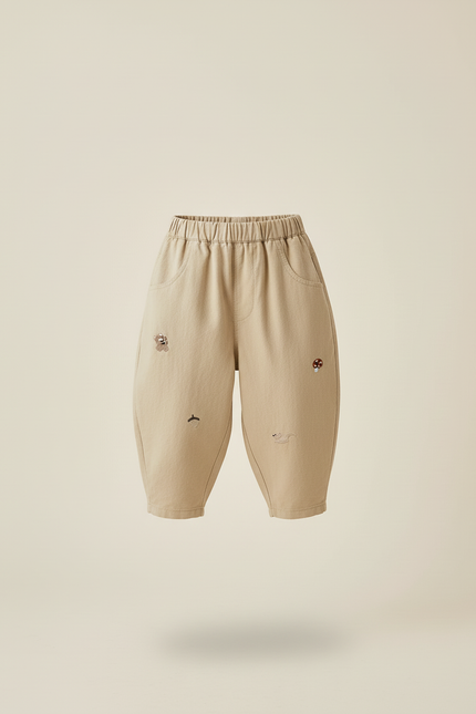 Pantalon Baggy Beige Coton Ample Brodé Décontracté Enfant - vue 3