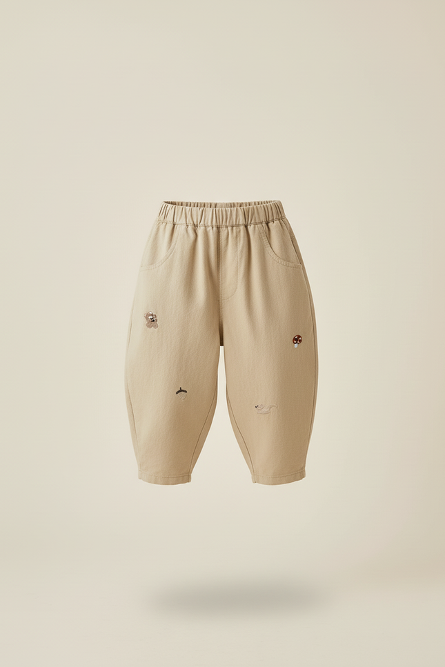 Pantalon Baggy Beige Coton Ample Brodé Décontracté Enfant - vue 3