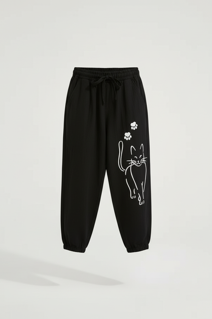 Pantalon Baggy Noir Ample Coton Motif Chat Enfant - Molleton - vue 3