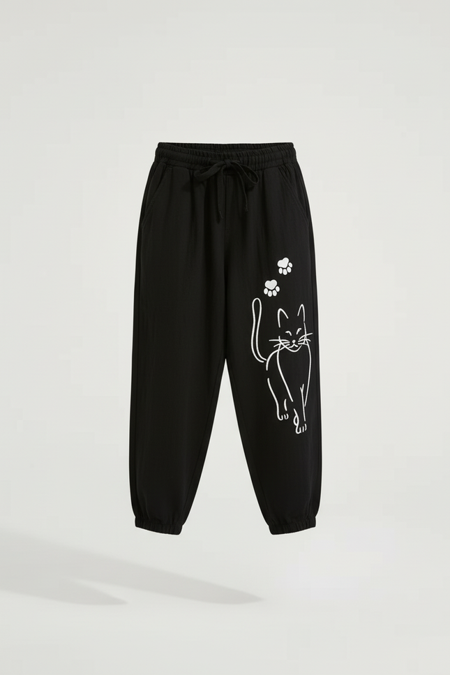 Pantalon Baggy Noir Ample Coton Motif Chat Enfant - Molleton - vue 3