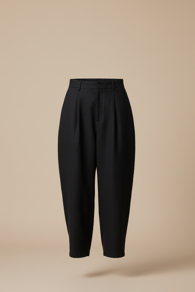 Pantalon Baggy Noir Ample Taille Haute Femme - Lin - vue 3