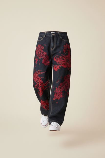Pantalon Baggy Denim Bleu Marine Ample Imprimé Dragon Rouge - Jean - vue 3