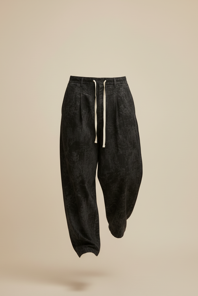 Pantalon Baggy Noir Ample Texturé Cordon Décontracté - Molleton - vue 3