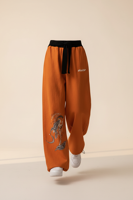 Pantalon Baggy Orange Imprimé Ample Cordon Streetwear - Molleton - vue 3