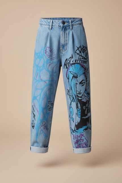Pantalon Baggy Jean Clair Imprimé Anime Graffiti Fille - Bleu - vue 3