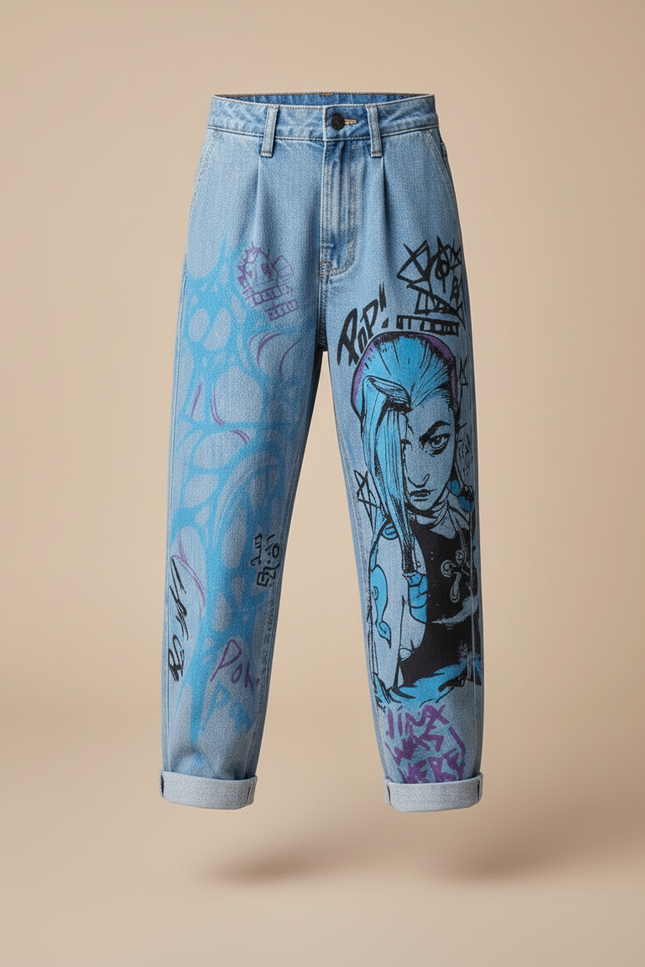 Pantalon Baggy Jean Clair Imprimé Anime Graffiti Fille - Bleu - vue 3