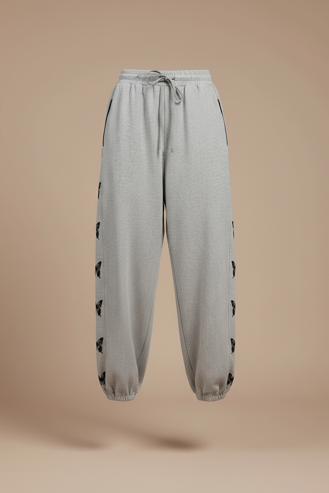 Pantalon Baggy Gris Papillons Cordon Décontracté Femme - Molleton - vue 3