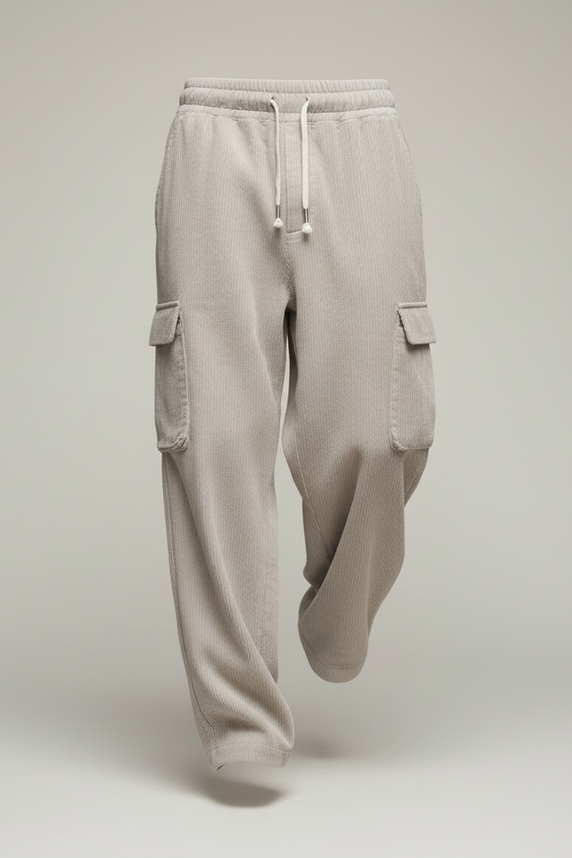 Pantalon Baggy Beige Côtelé Cargo Ample Décontracté Homme - Cordé - vue 3