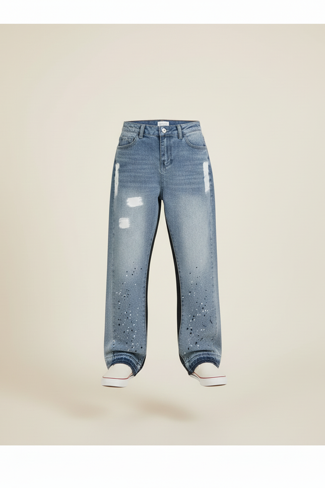 Pantalon Baggy Jean Bleu Déchiré Éclaboussures Ample - vue 3